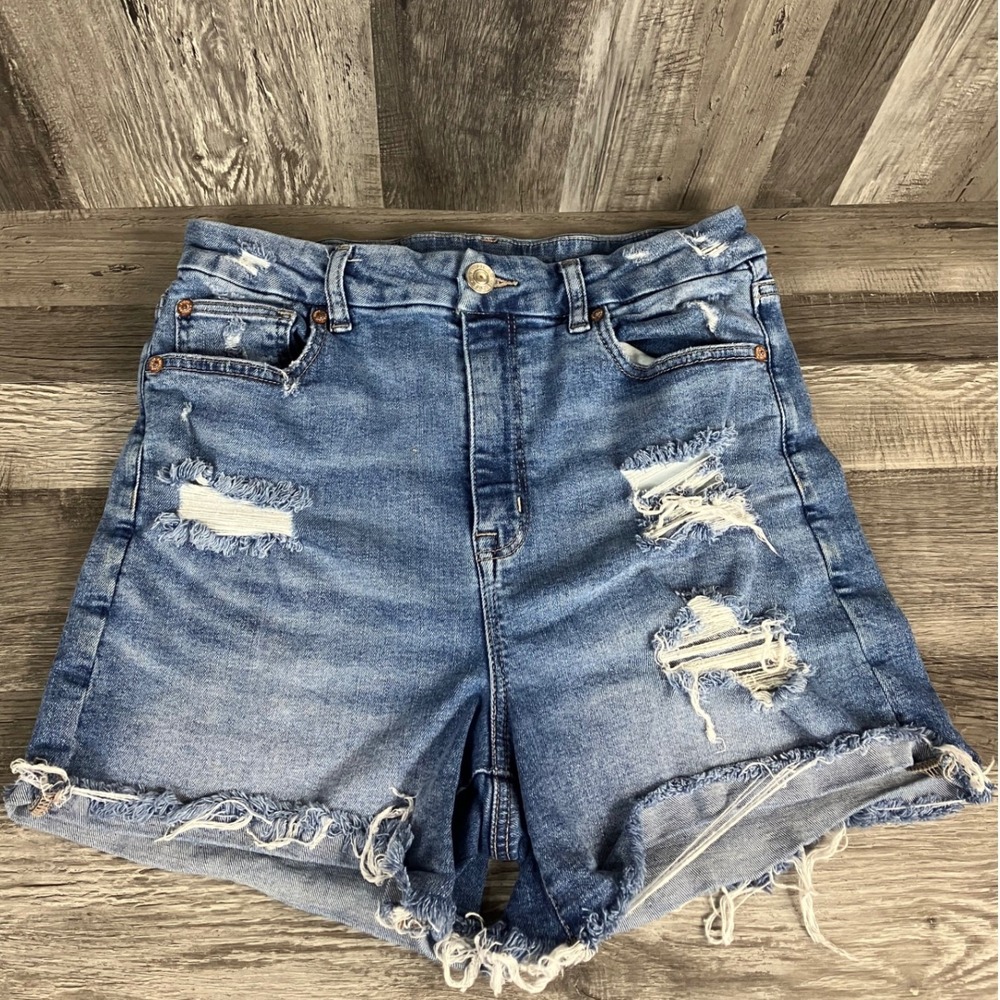 American Eagle Curvy Hi-Rise Shortie Blue Distressed Denim Shorts Womens Size 10